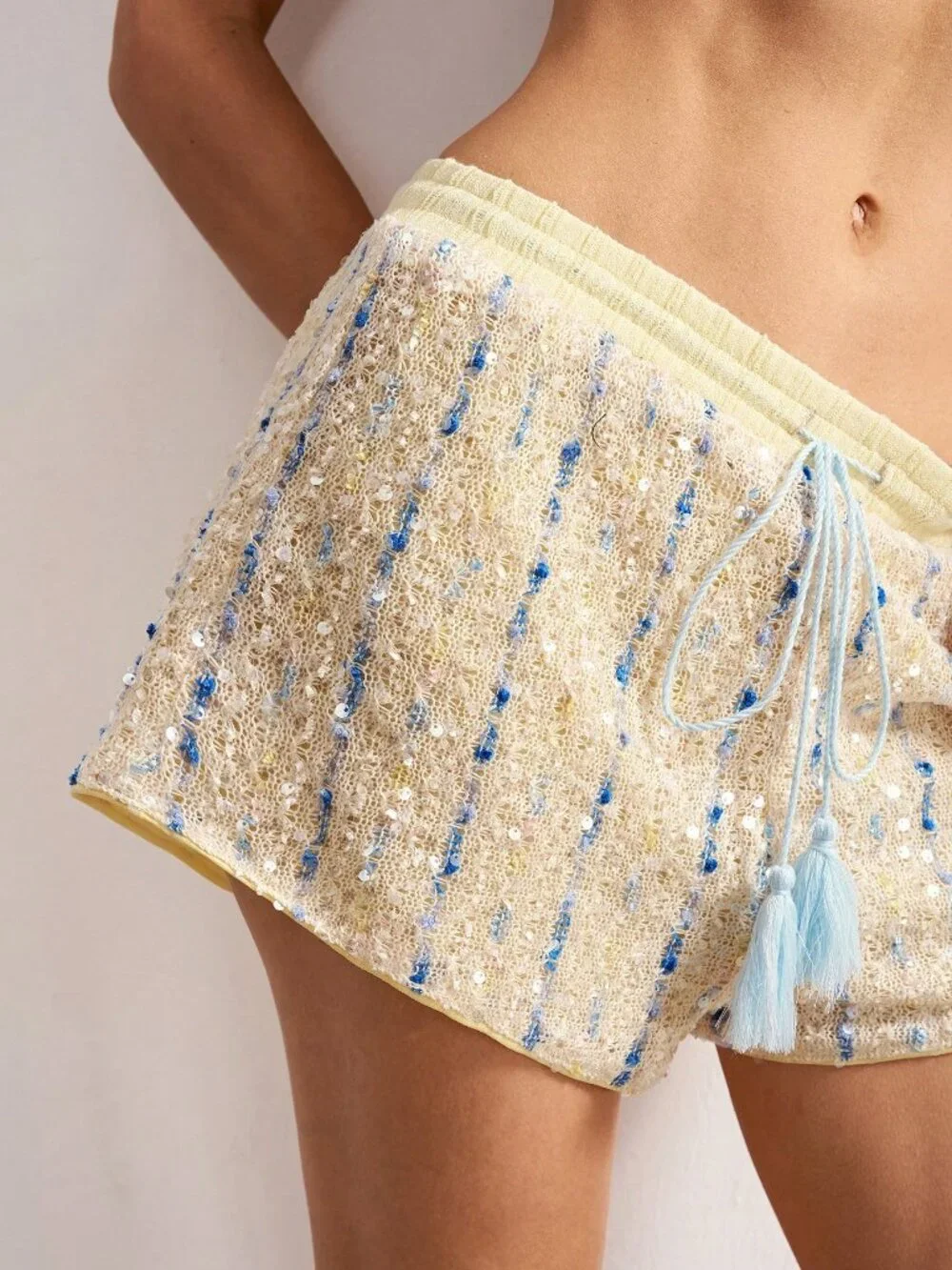 Yellow Party Women's Casual Boho Sequin Knit Beaded Loose Shorts Beach